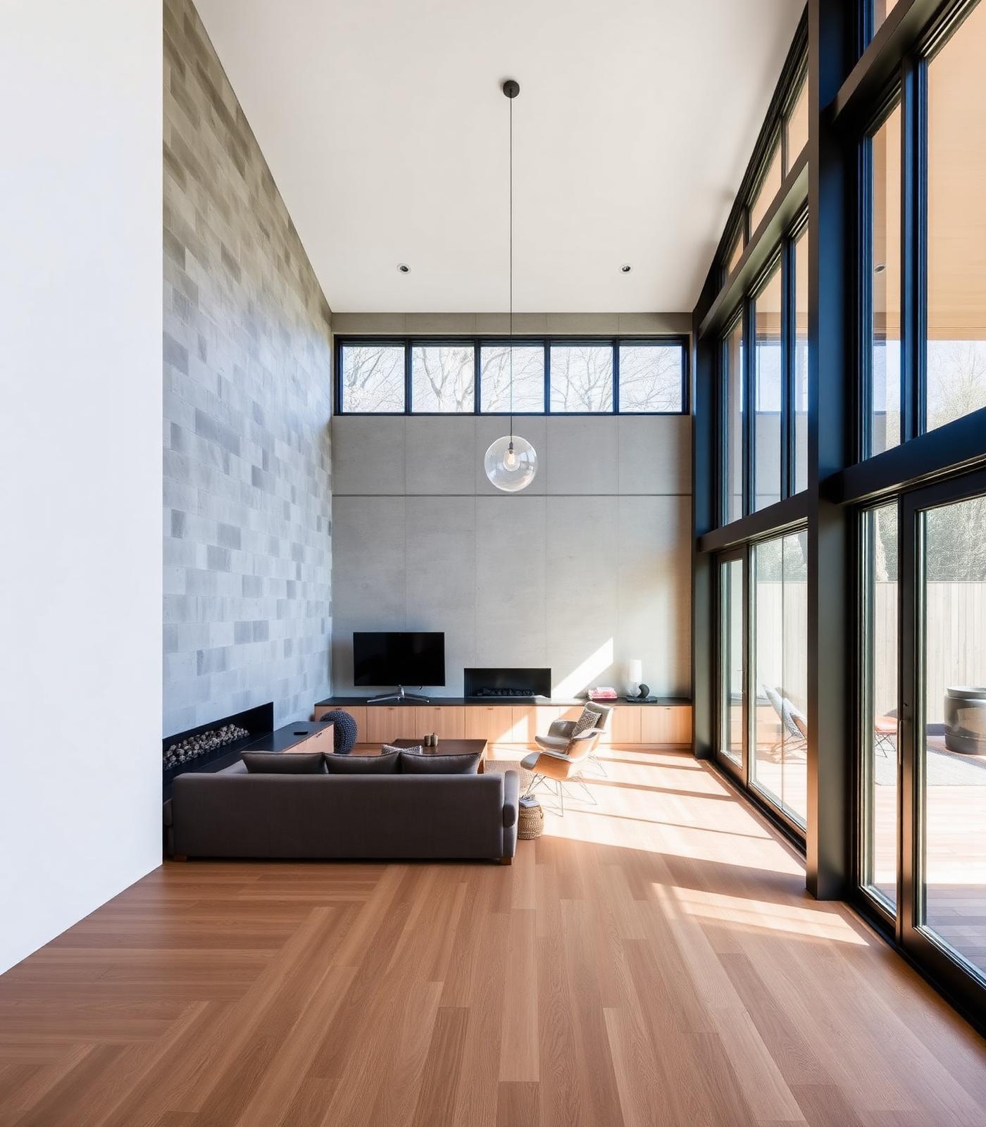 Interior of a premium custom home with concrete wall and oak floors