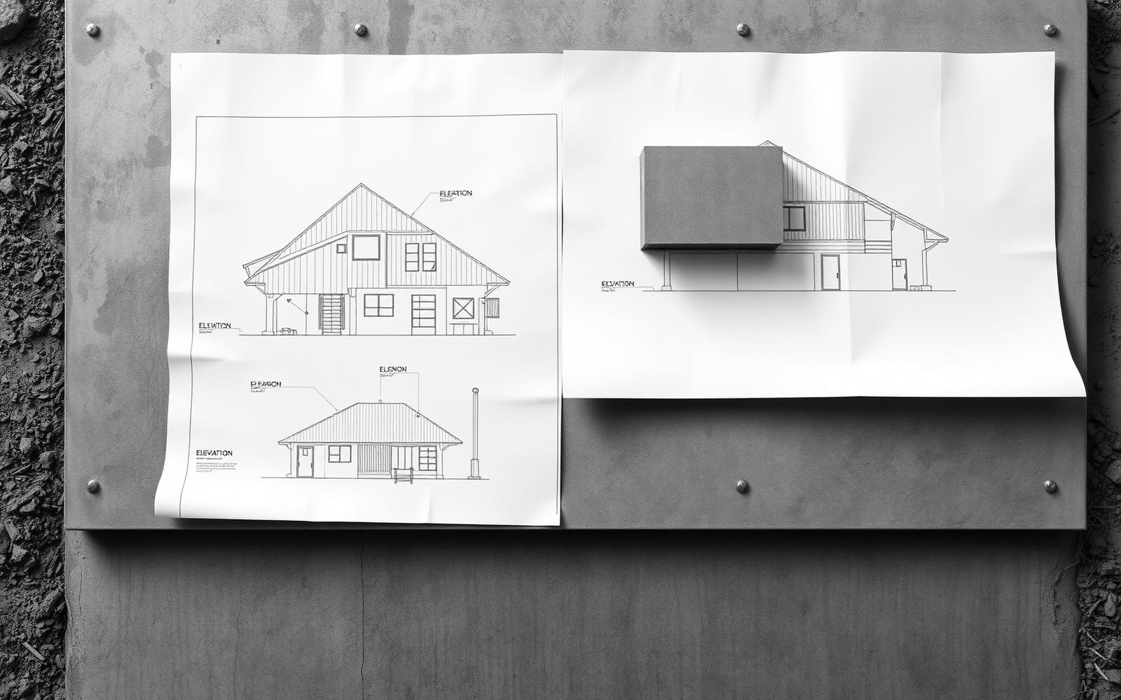 Architectural elevation drawings laid out on a concrete slab