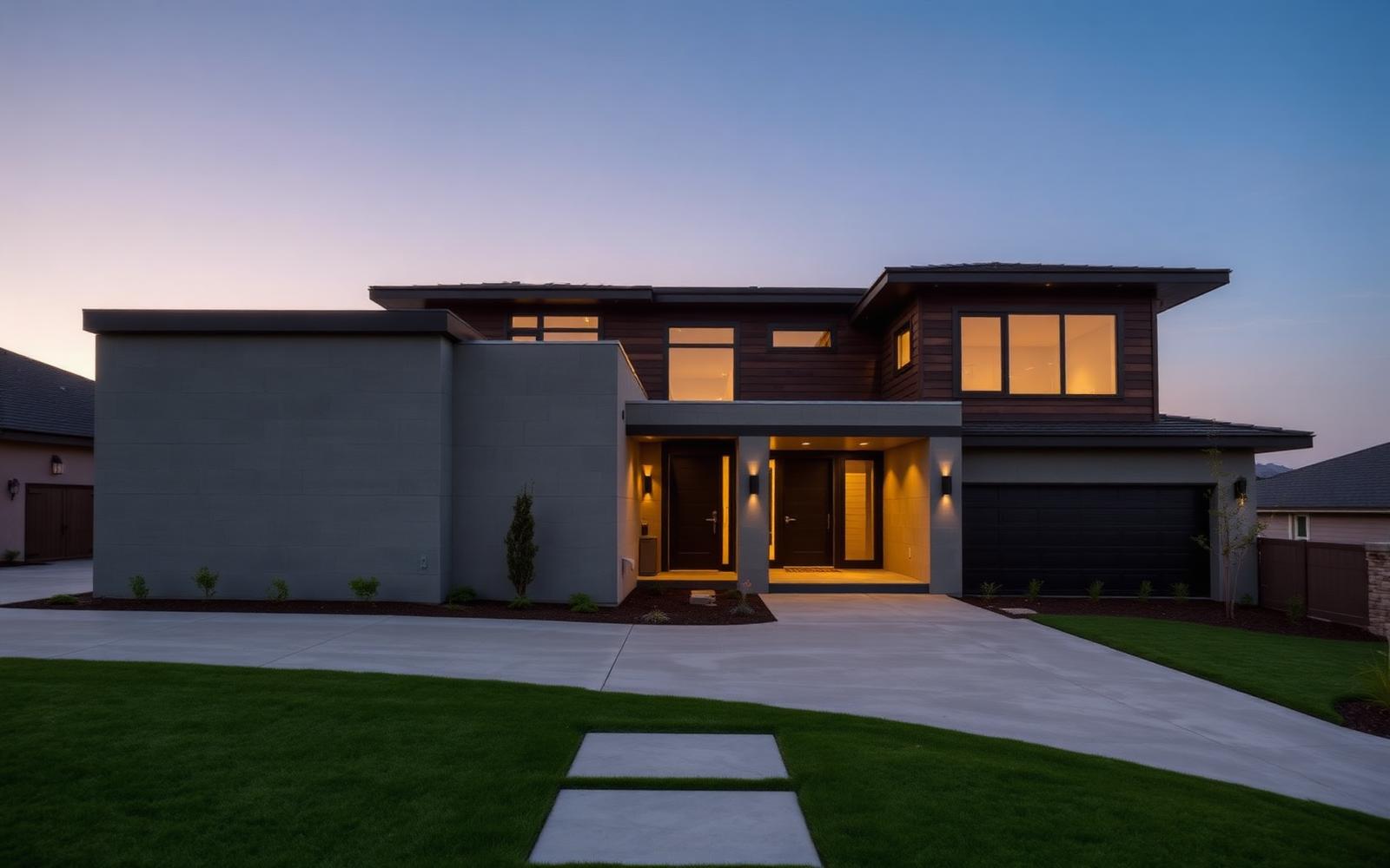 Completed modern custom home exterior at dusk