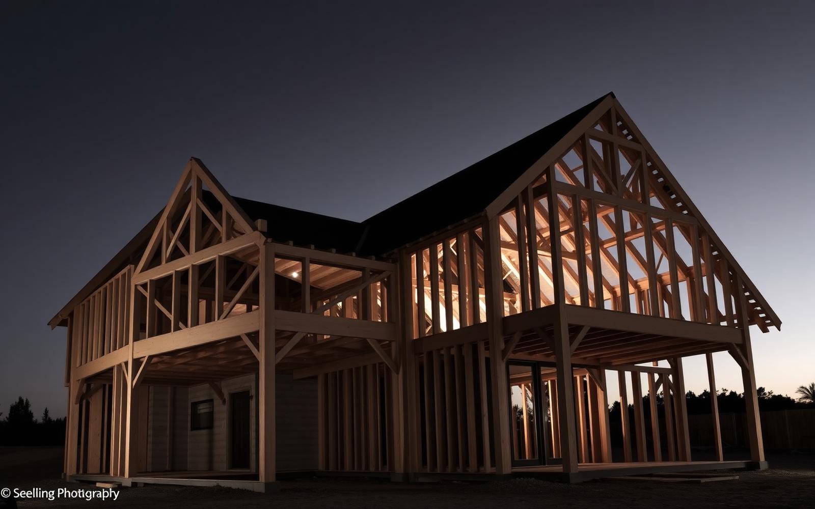 Timber and steel structural framing of a house at dusk